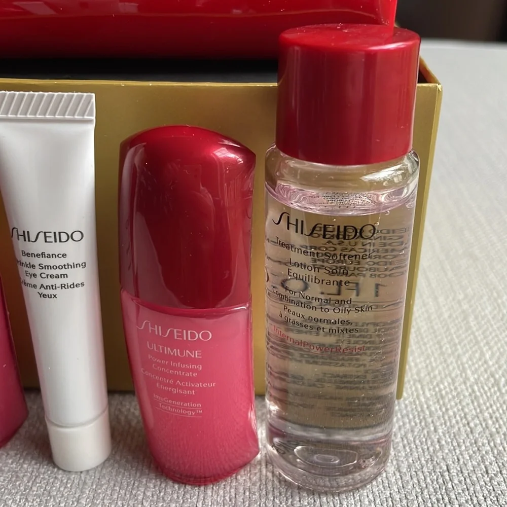 Shiseido travel sized products with makeup pouch and gift box